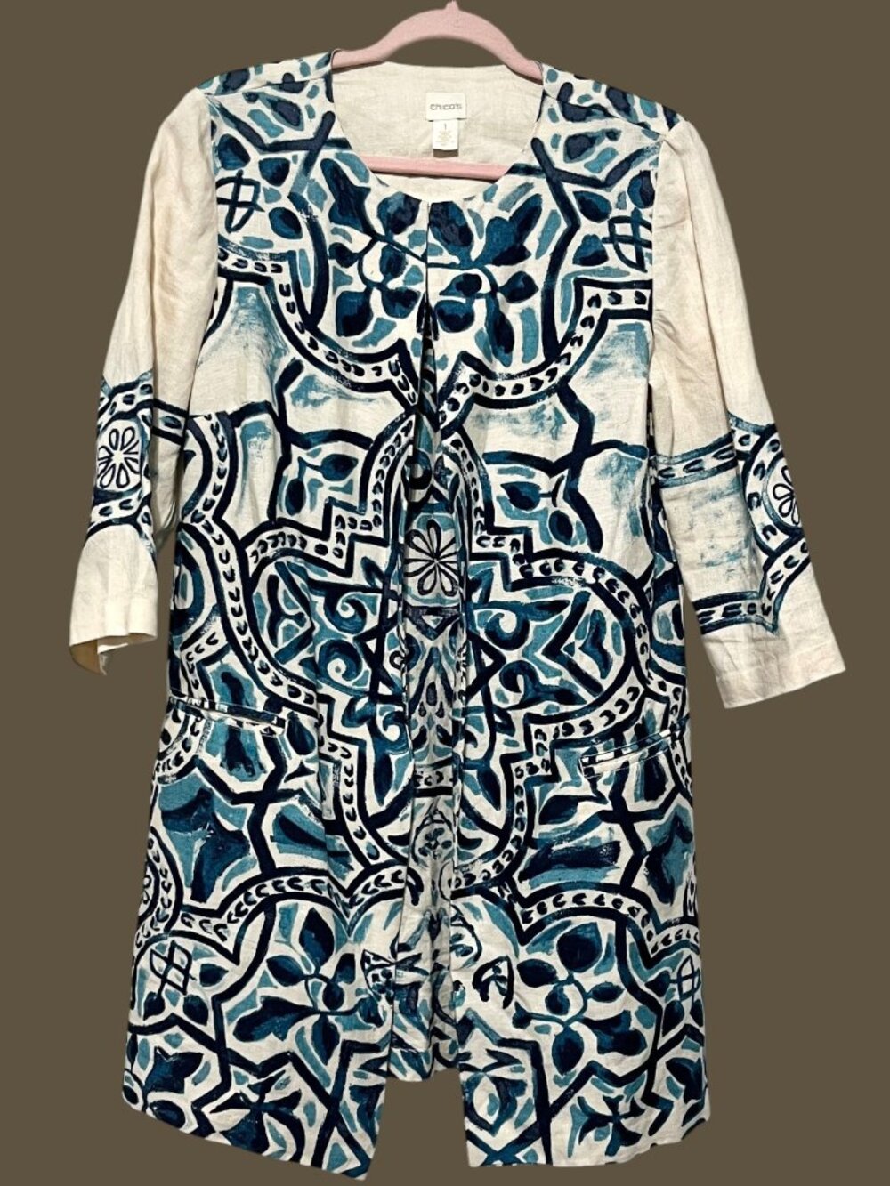 Chicos Womens Linen Longline Jacket US M Mediterranean Coastal Boho Artsy Resort